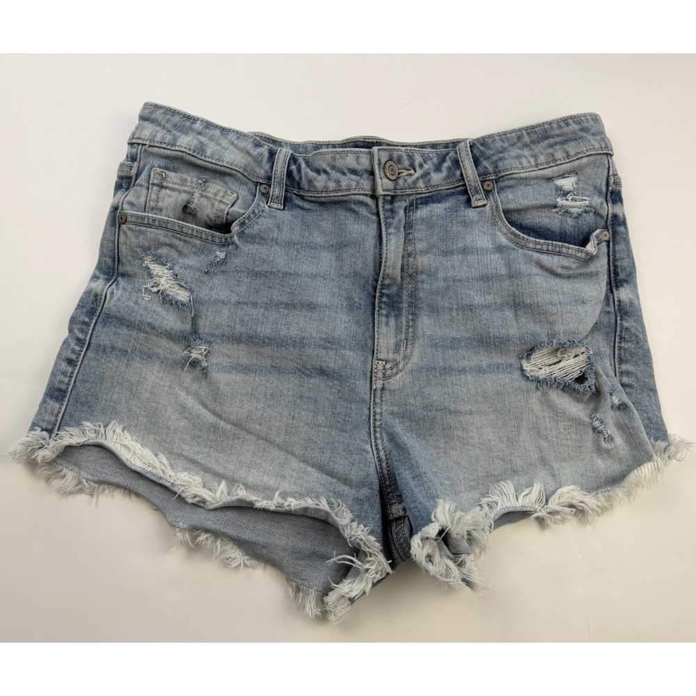 Eunina Lulu High Rise Cut Off Shortie Distressed Denim Shorts Light Wash Size L
